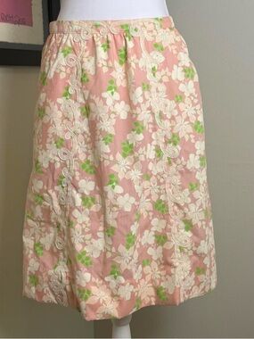 Lilly Pulitzer Pink Floral A-Line Skirt with White Lace Appliqué